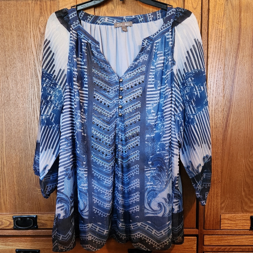 Roz & Ali Women's Sheer Blue & Metallic Patterned Top Size L EUC